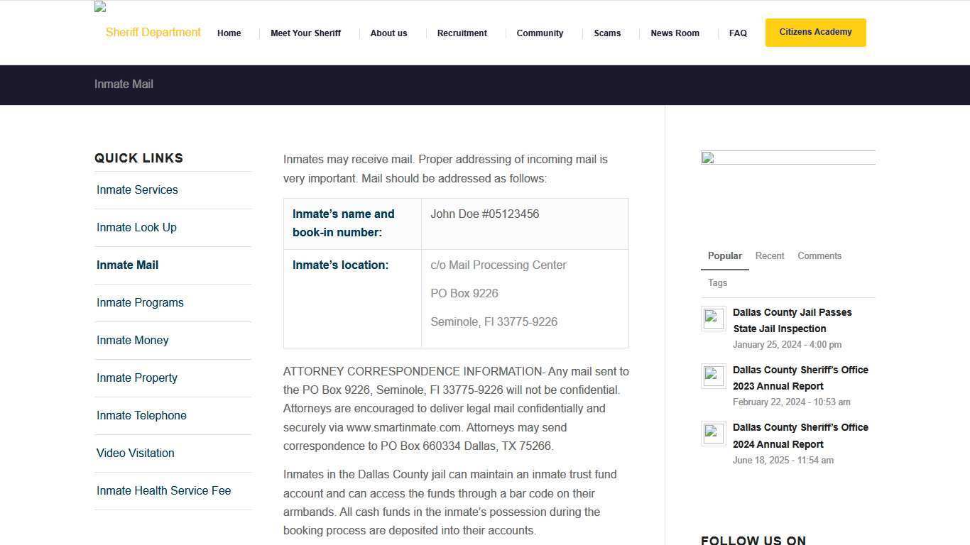 Inmate Mail – Sheriff Department