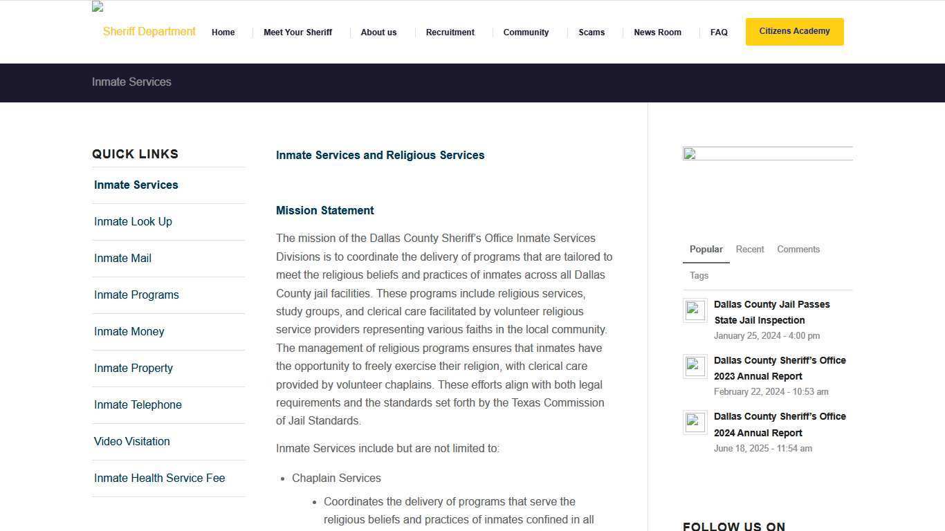 Inmate Services – Sheriff Department