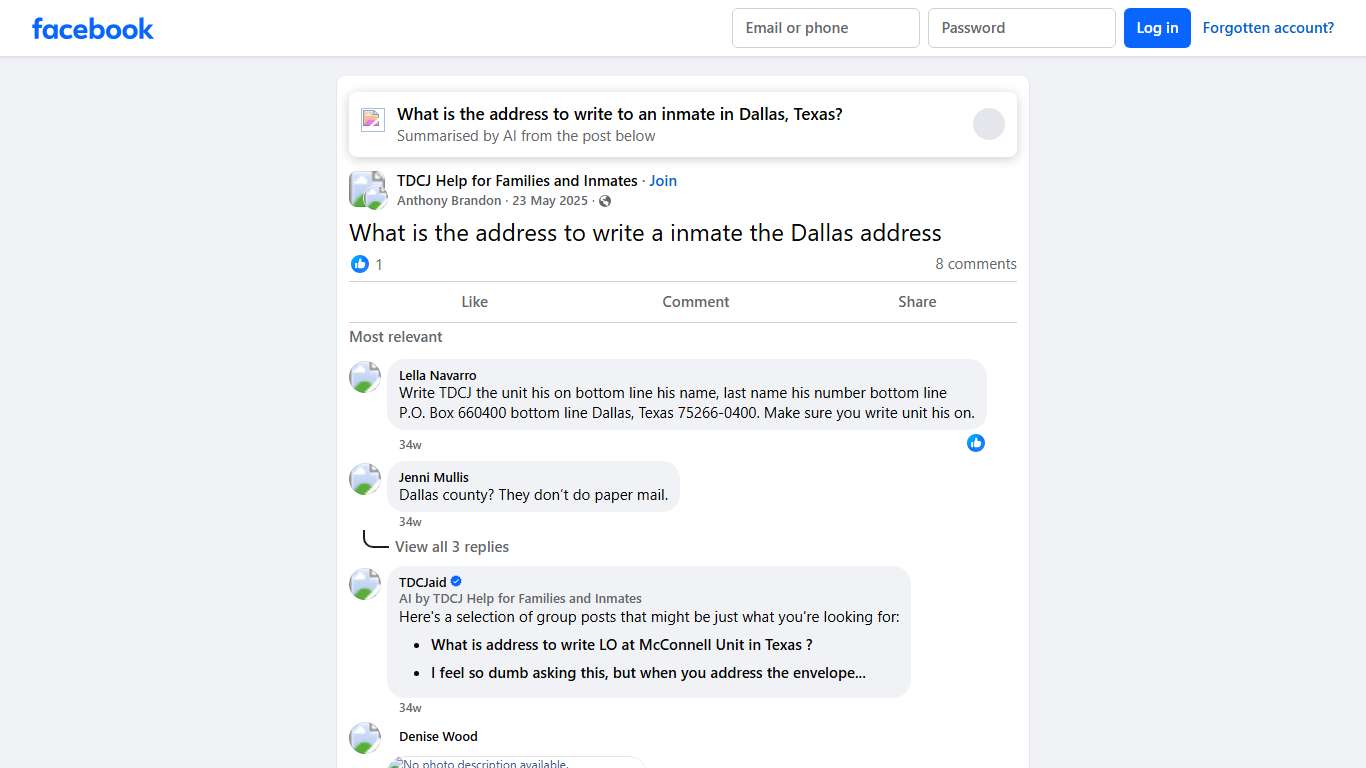 TDCJ Help for Families and Inmates | What is the address to write a inmate the Dallas address | Facebook